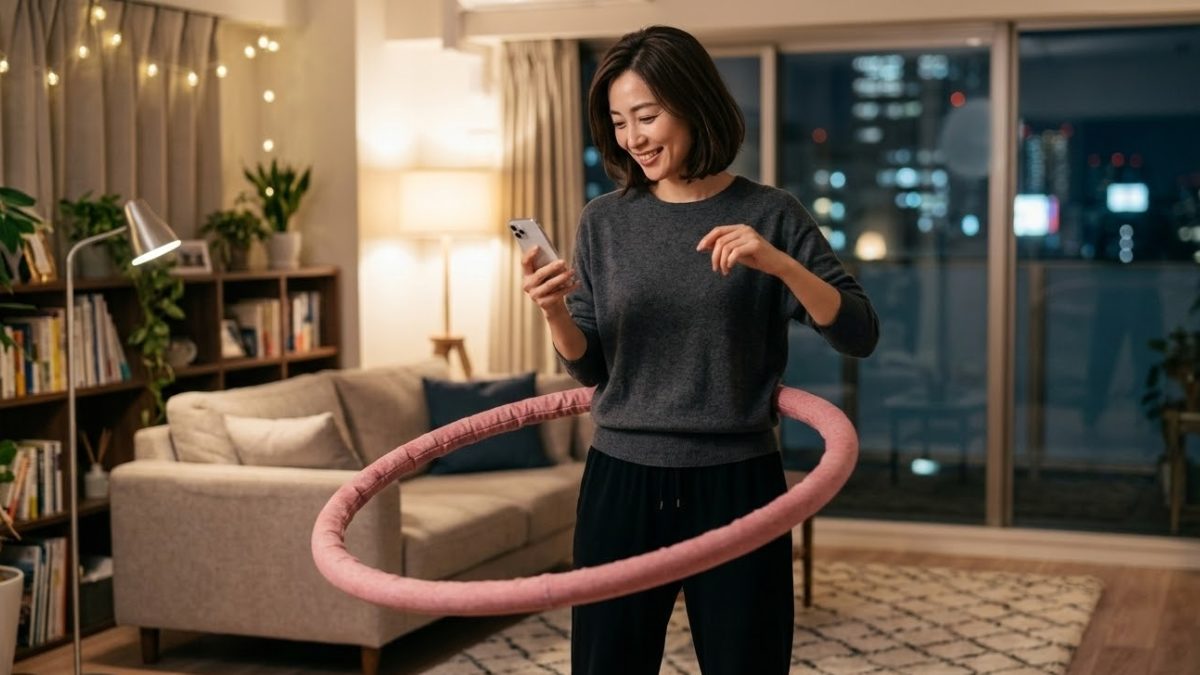 室内でフラフープをする女性