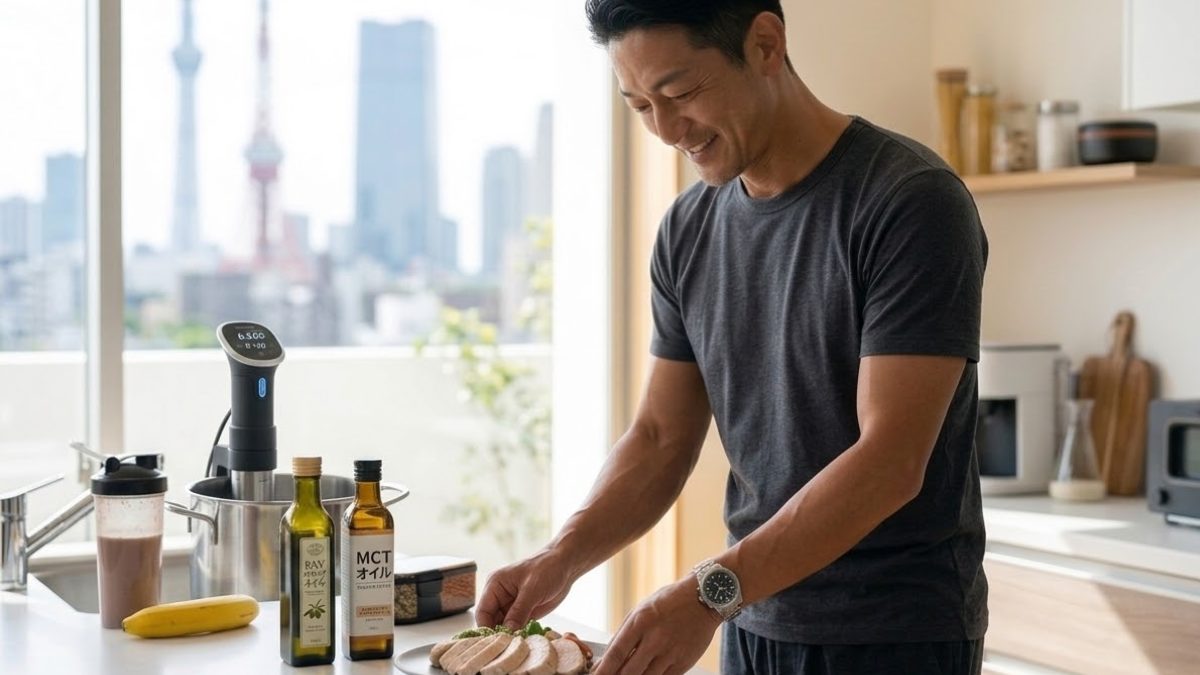 男性が低温調理器を使い、鶏むね肉を調理している