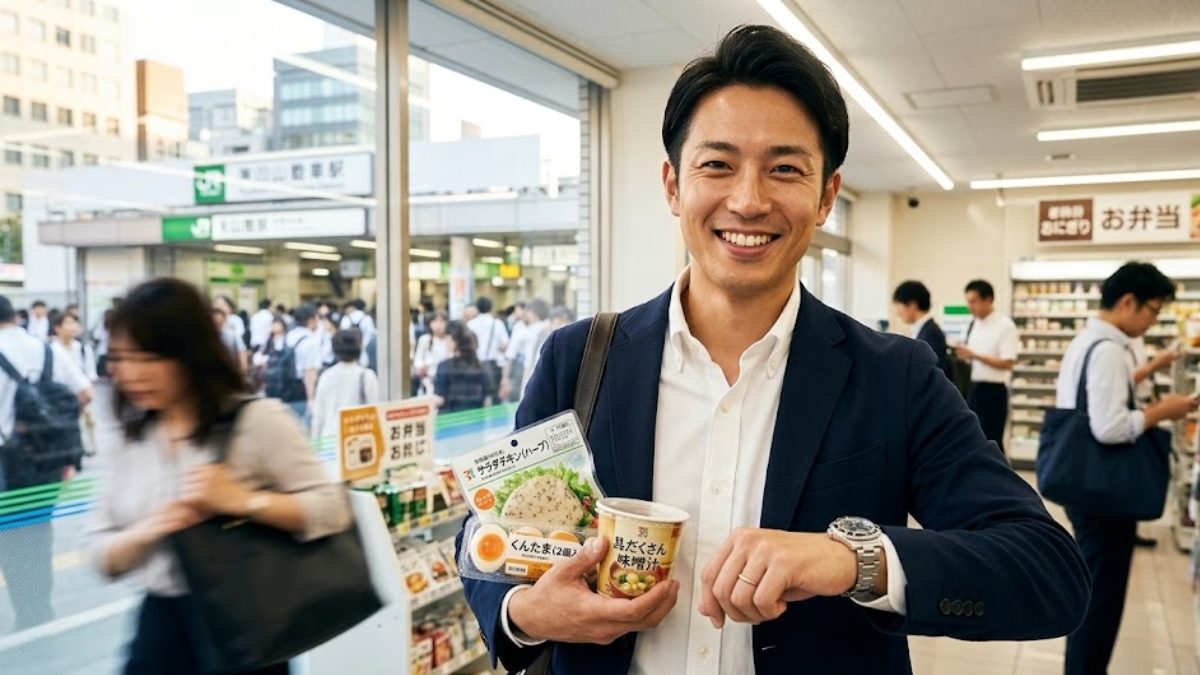 コンビニで朝食を買うサラリーマン